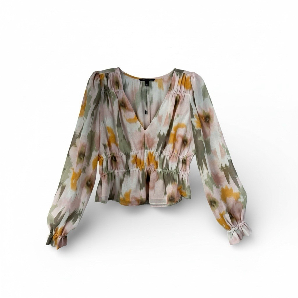 Steve Madden Ardenne Floral Peplum Blouse Long Sleeve V-Neck Cinched Waist S